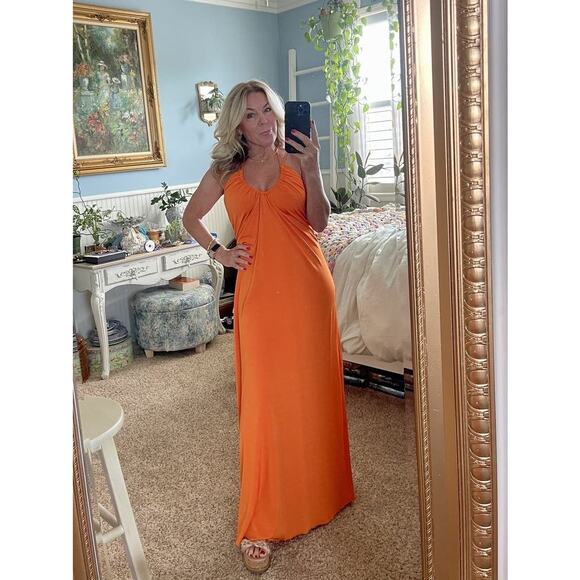 JONATHAN SIMKHAI Orange Jersey A-Line Open Tie Back V-Neck Hayes Dress sz Small - Picture 1 of 16